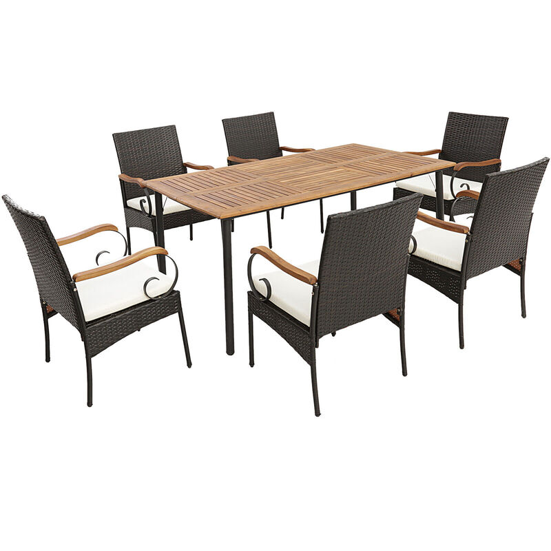 7 Pieces Patio Wicker Dining Set with Detachable Cushion and Umbrella Hole For Outdoor