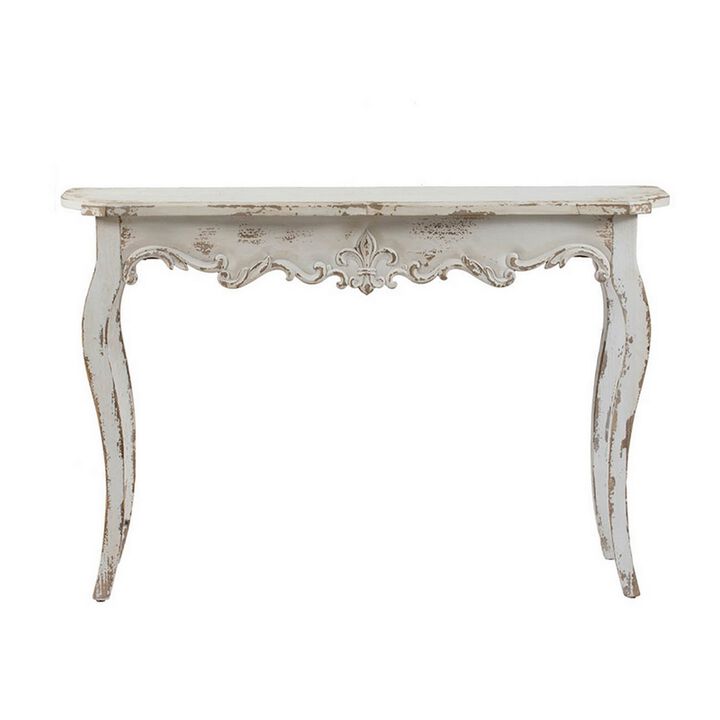 30 Inch Console Table, Fir Wood, Rectangle, Curved Legs, Distressed White-Benzara