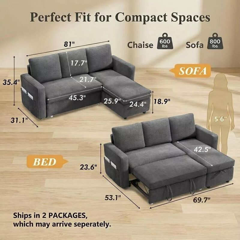 81" Sleeper Sofa Bed, 2 in 1 Pull Out Couch, Sectional Sofa with Reversible Storage, Side Pockets image number 3