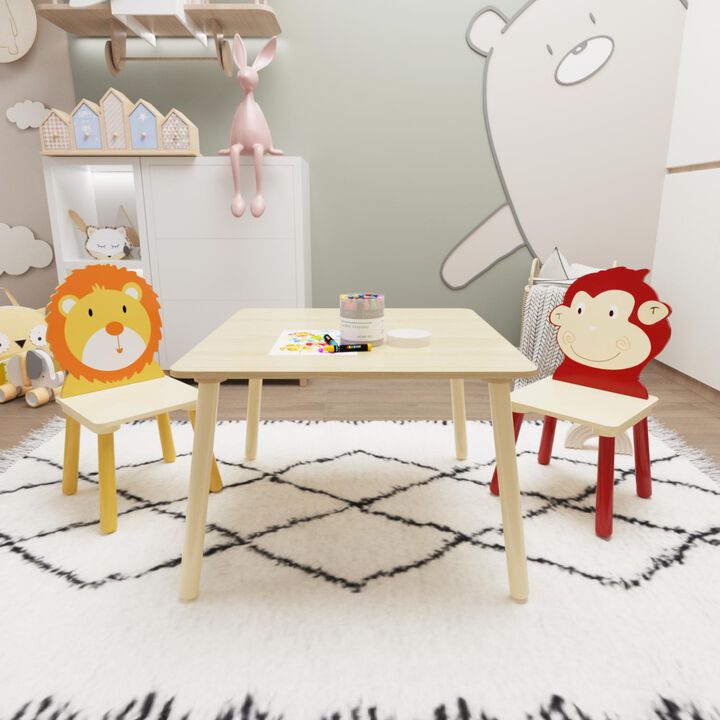 Hivvago Animal Designed Kid's Wooden Table with 2 Chair Set Activity Play Table Set (Lion Monkey)