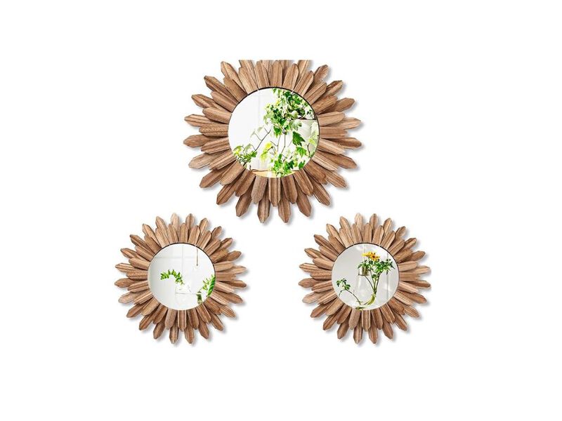3-Piece Rustic Sunburst Mirror Set – 17" & 12" Boho Wood Wall Decor