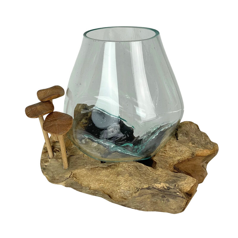 Handcrafted Glass and Teak Vase with Wood Mushroom Embellishments, Rustic Accent image number 0