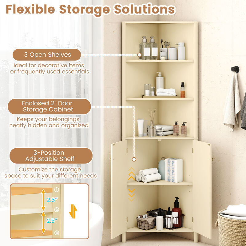 5-Shelf Tall Corner Cabinet with 2 Fluted Doors for Bathroom Organization-Beige image number 6