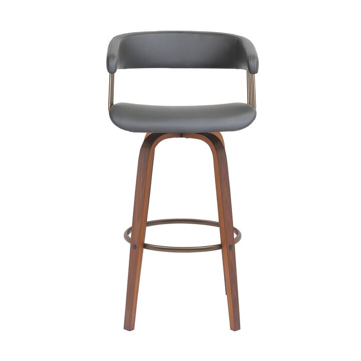 Maya 31 Inch Swivel Barstool Chair, Gray Faux Leather, Bronze, Walnut Brown - Benzara