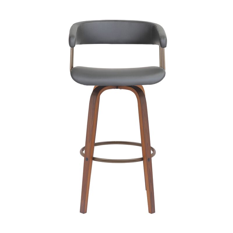 Maya 31 Inch Swivel Barstool Chair, Gray Faux Leather, Bronze, Walnut Brown - Benzara