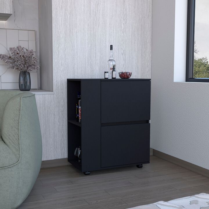 DEPOT E-SHOP white bar-coffee cart 32" H, Kitchen or living room furniture with 4 wheels, folding surface, 2 central drawers covered by folding doors, storage for glasses, snacks.