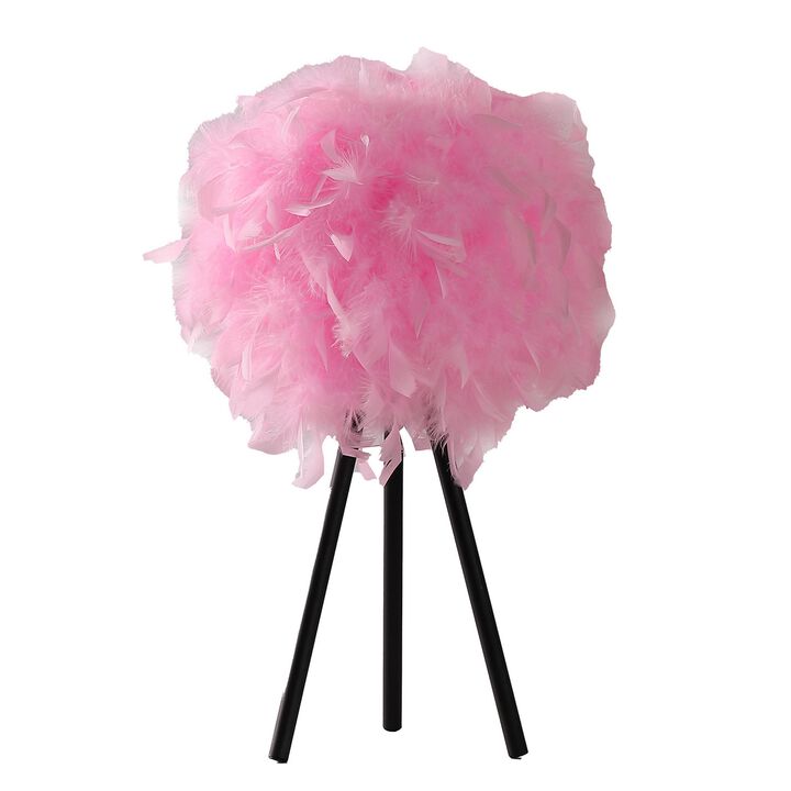 Rio 21 Inch Accent Table Lamp, Pink Feather Shade, Black Metal Tripod Base - Benzara