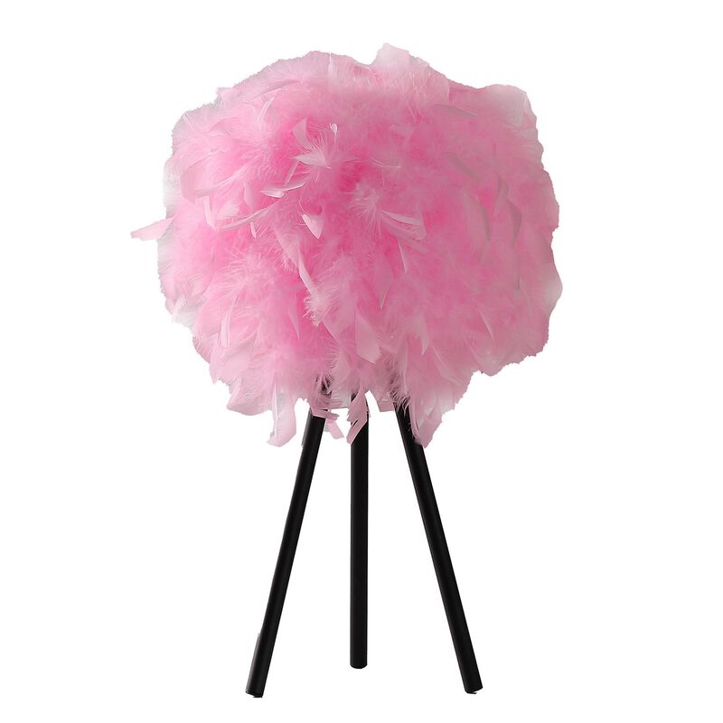 Rio 21 Inch Accent Table Lamp, Pink Feather Shade, Black Metal Tripod Base - Benzara