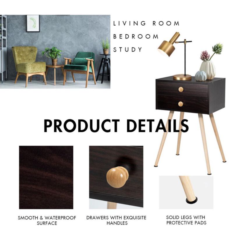 Hivvago Mid Century Modern 2 Drawers Nightstand