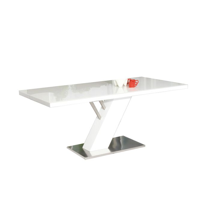 63 Inch Dining Table, Modern White Lacquered Rectangular Top, Steel Base - Benzara