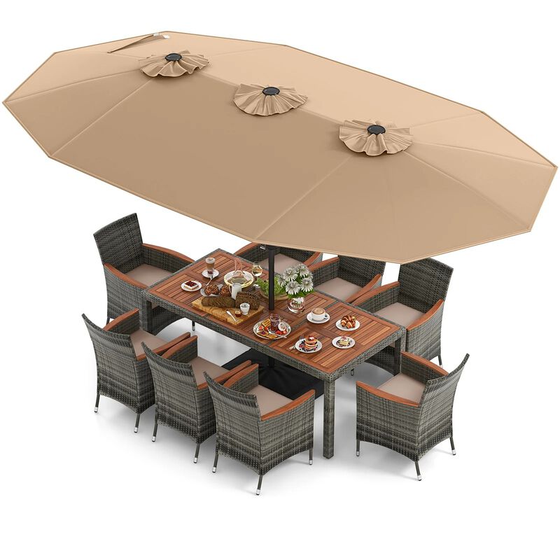Mondawe 10 Pcs Patio Wicker Dining Set,1 Table With 15ft Double-Sided Umbrella & 8 Cushioned Chairs