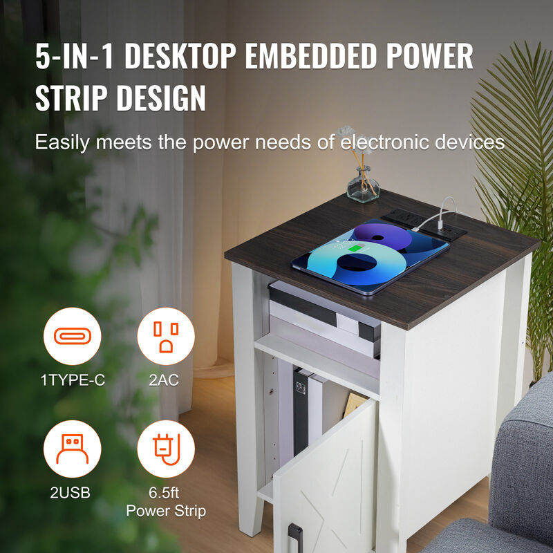 Set of 2 Farmhouse End Table With USB Ports and Outlets For Living Room