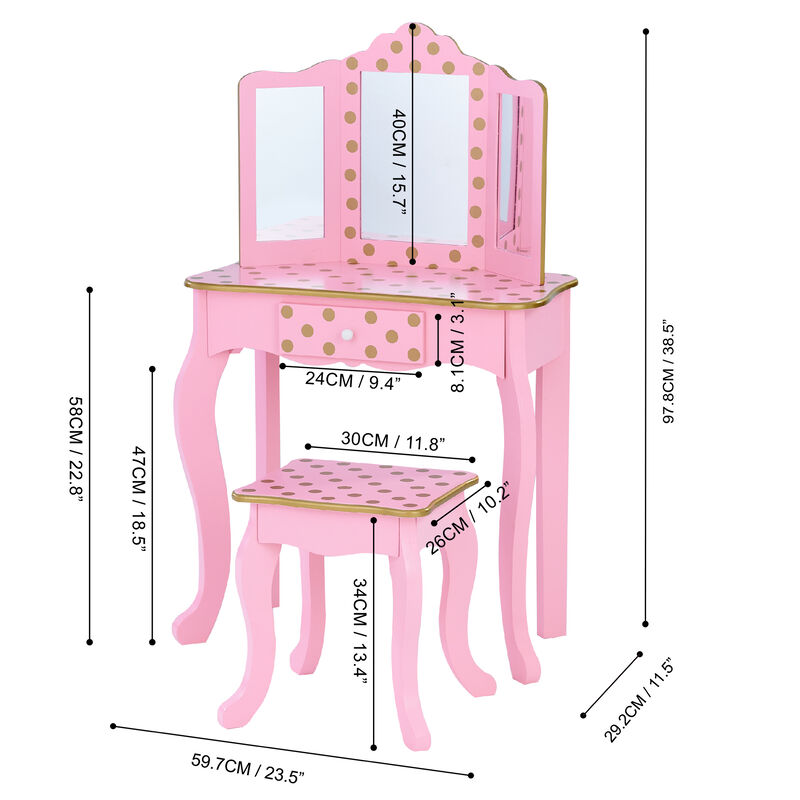 Fantasy Fields Gisele Polka Dot Vanity Set with LED Lighted Mirror and Chair, Pink/ Gold image number 2
