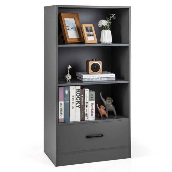 Hivvago 4-Tier Storage Bookcase with Open Shelves Drawer and Anti-toppling Device