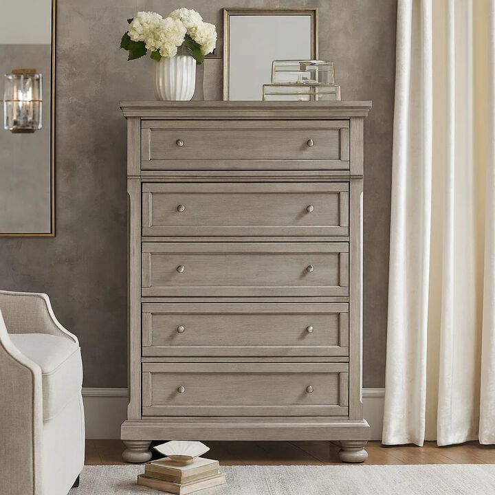 Ryno Tall Dresser Chest, 5 Drawer, Pull Tray, Silver Round Knobs, Gray
