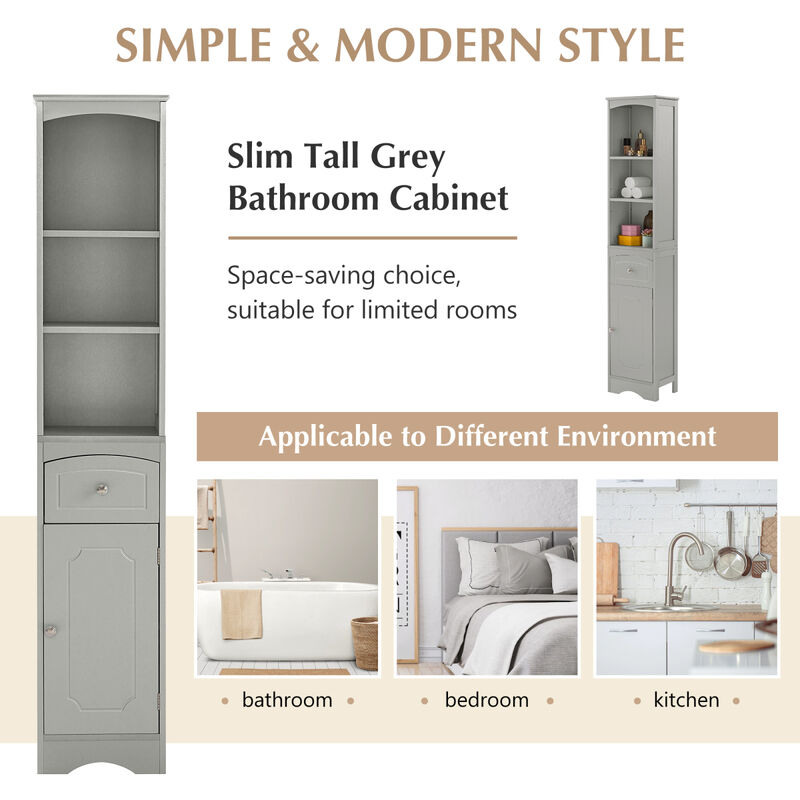 Tall Bathroom Cabinet, Freestanding Storage Cabinet with Drawer, MDF Board, Adjustable Shelf, Grey
