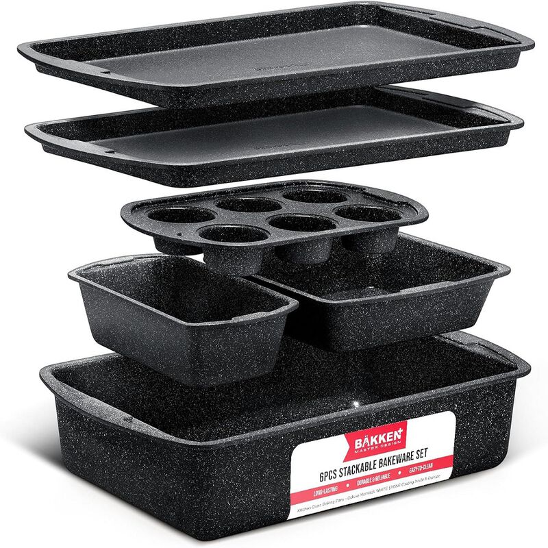 Bakken Swiss - Bakeware Set &ndash; 6 Piece &ndash; Stackable, Deluxe, Non-Stick Baking Pans for Professional and Home Cooking &ndash; Carbon Steel
