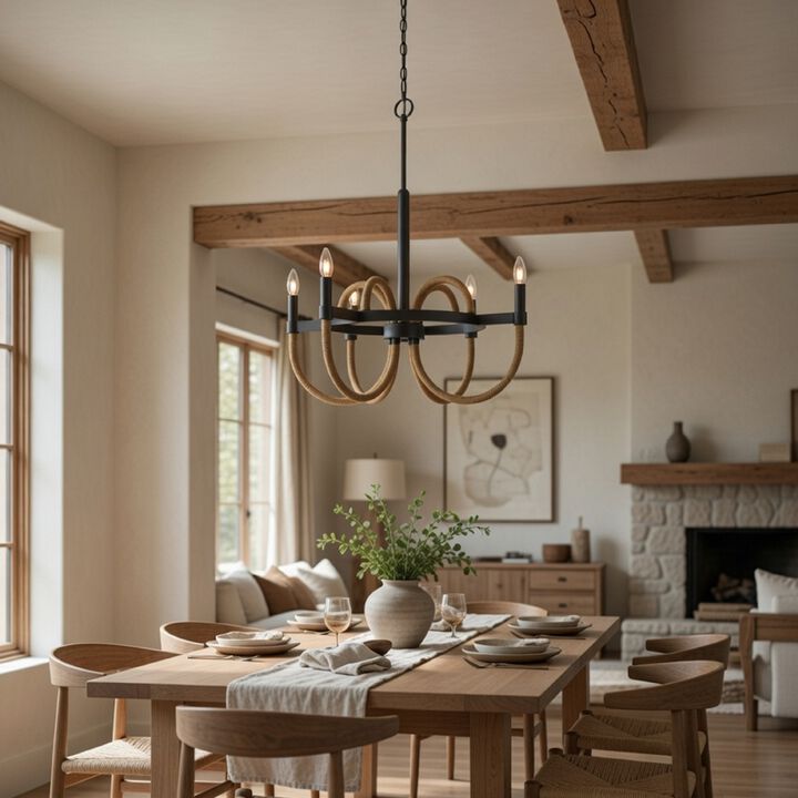 4 Light Candelabra Chandelier, Burlap Accents, Charcoal Gray Metal 24 Inch
