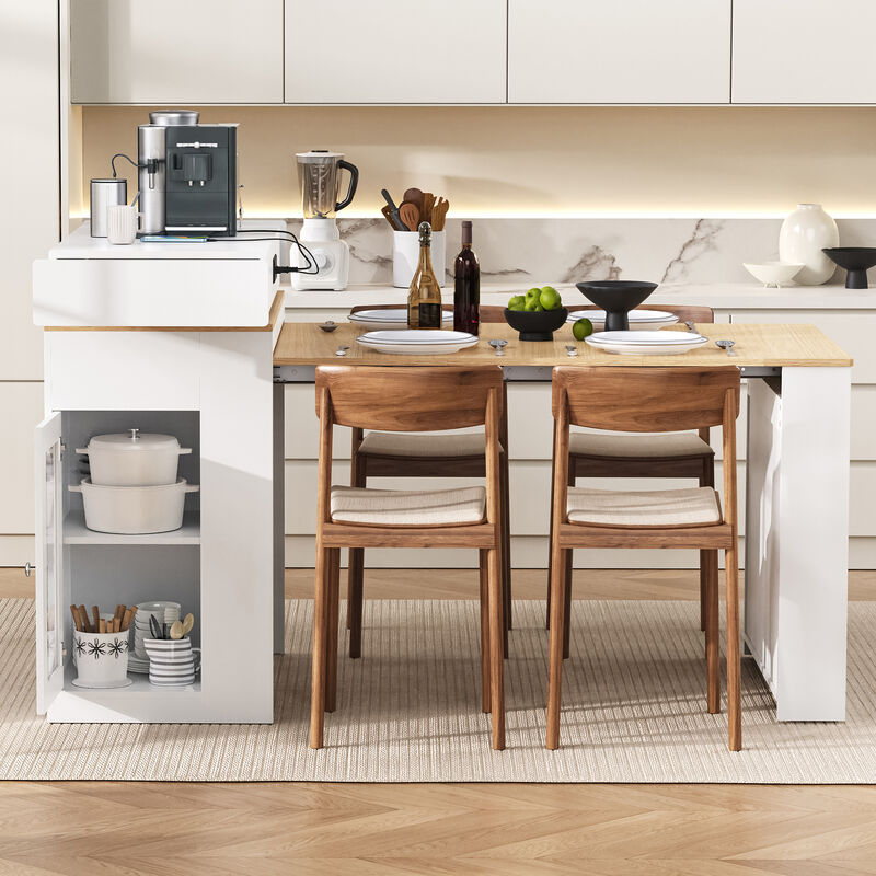 Whisen Extendable Dining Table 57.7"x32.7", Glass & MDF, w/Drawers, Power Outlet, Kitchen Island on Wheels image number 3