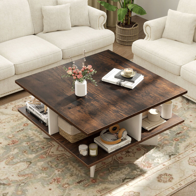 Modern 2-Tier Square Coffee Table Featuring 4 Functional Storage Compartments