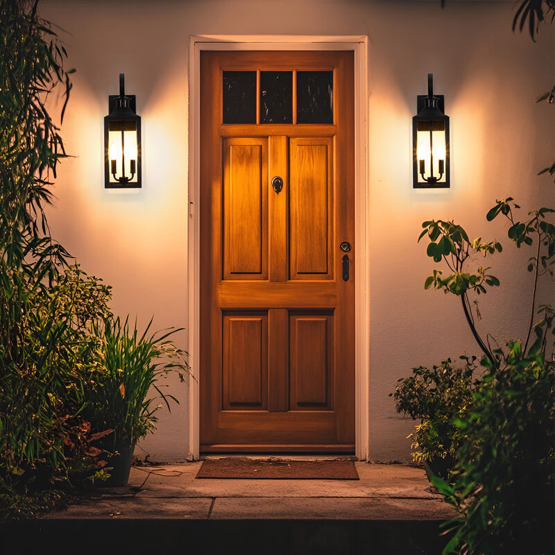 19 in. Modern Farmhouse Black 2-Light Dusk-to-Dawn Motion Sensor Outdoor Wall Lantern with Clear Glass Shade image number 8