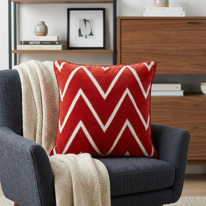 HomeRoots 22" Beige and Red Zigzag Cotton Throw Pillow with Embroidery and Applique