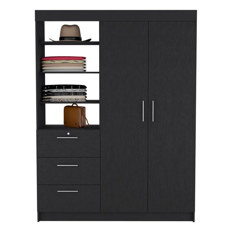 DEPOT E-SHOP Laurel 3-Tier Shelf and Drawers Armoire with Metal Handles, Black