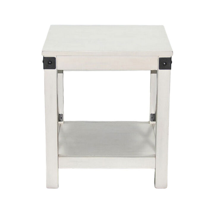 Sime Side End Table w Shelf, X Panel, 20 Inch Square Off White Wood