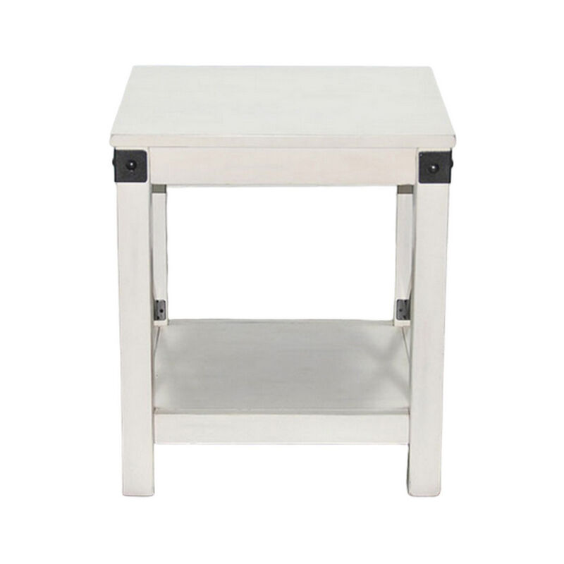 Sime Side End Table w Shelf, X Panel, 20 Inch Square Off White Wood