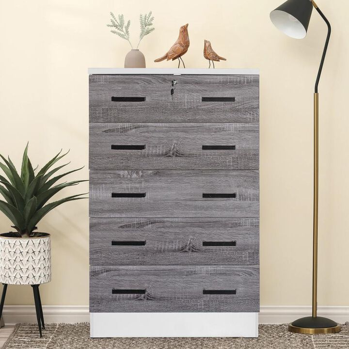 Better Home Products Cindy 5 Drawer Chest Wooden Dresser with Lock in White/Gray