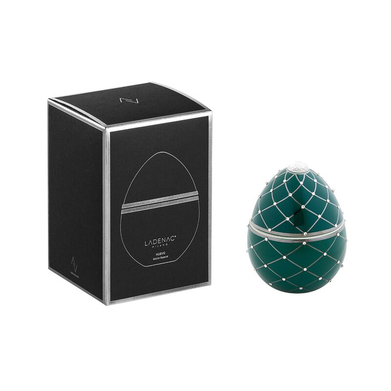 Candle in Ceramic Egg BOIS DE ROUSSIE 7 oz Green Silver Stripes 5.12 diam. x 6.5 in image number 1