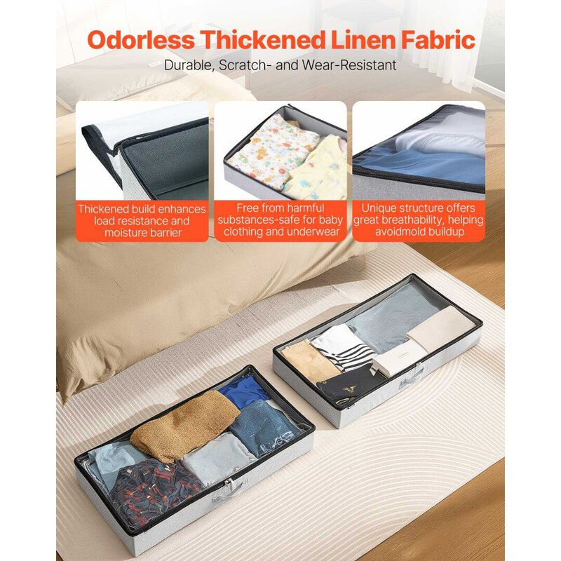 Set of 2 Under Bed Storage Containers with Clear Lids for Clothes, Shoes, and Blankets-Grey image number 8