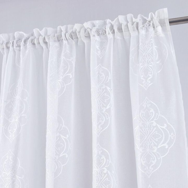 RT Designers Collection Andrea 2 Pieces 1.5" Rod Pocket Damask Embroidery Metallic 36" x 84" White