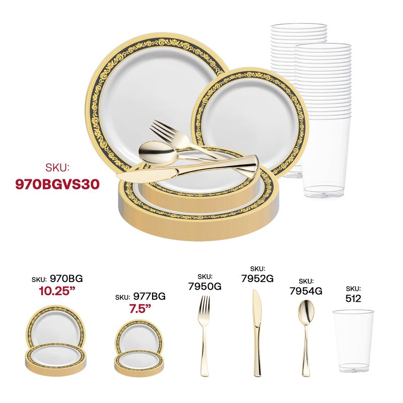 White with Black and Gold Royal Rim Plastic Wedding Value Set (30 Sets) image number 5