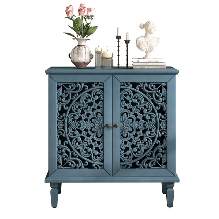 Vintage Hollow-Carved Accent Cabinet, 2-Door Display Storage Sideboard with Symmetrical Floral Design