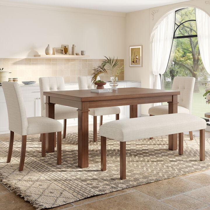 Merax 6-Piece Modern Dining Set, Rectangle Kitchen Table with 4 Upholstered Chairs & Bench