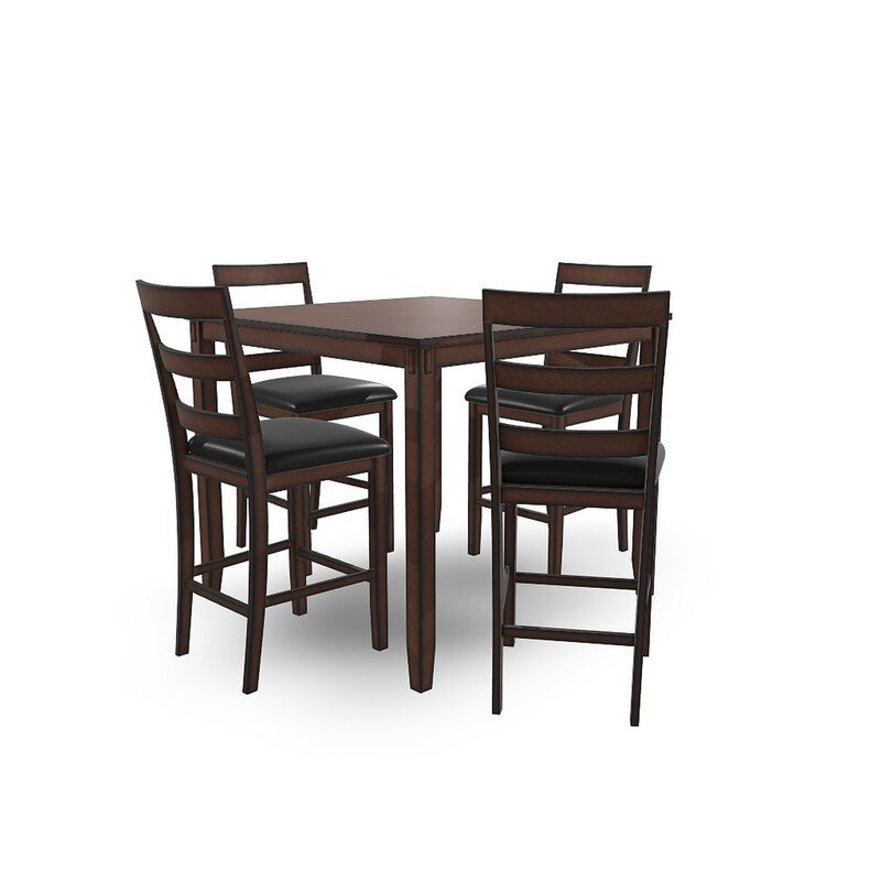 Covvi 5pc Counter Height Dining Table Set, Ladder Chairs, Brown Wood - Benzara