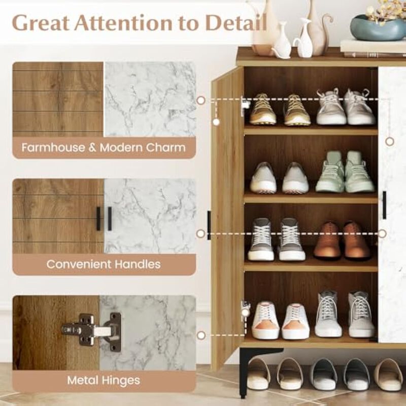 Entryway Wood Shoe Storage Cabinet 4 Tier Wooden Rack Marble image number 3