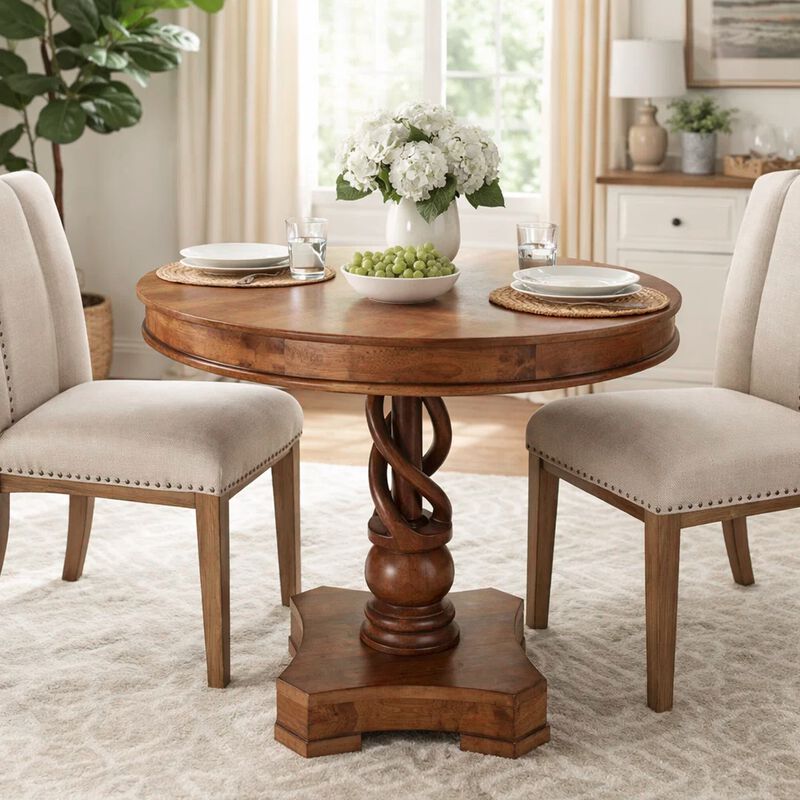 30 Inch Handcrafted Round Mango Wood Dinette, Artisanal Twisted Pedestal Base, Walnut Brown image number 5