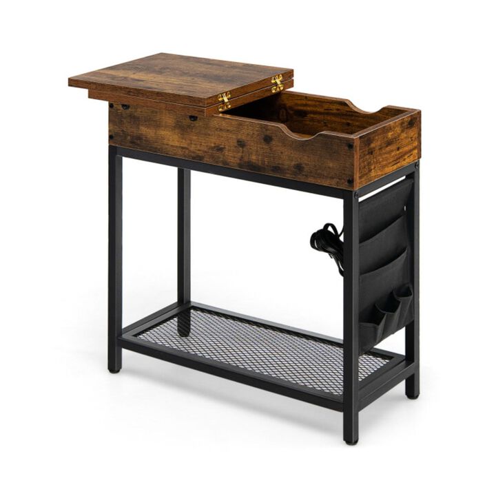 Hivvago Industrial End Table with Charging Station and Flip Top-Rustic Brown