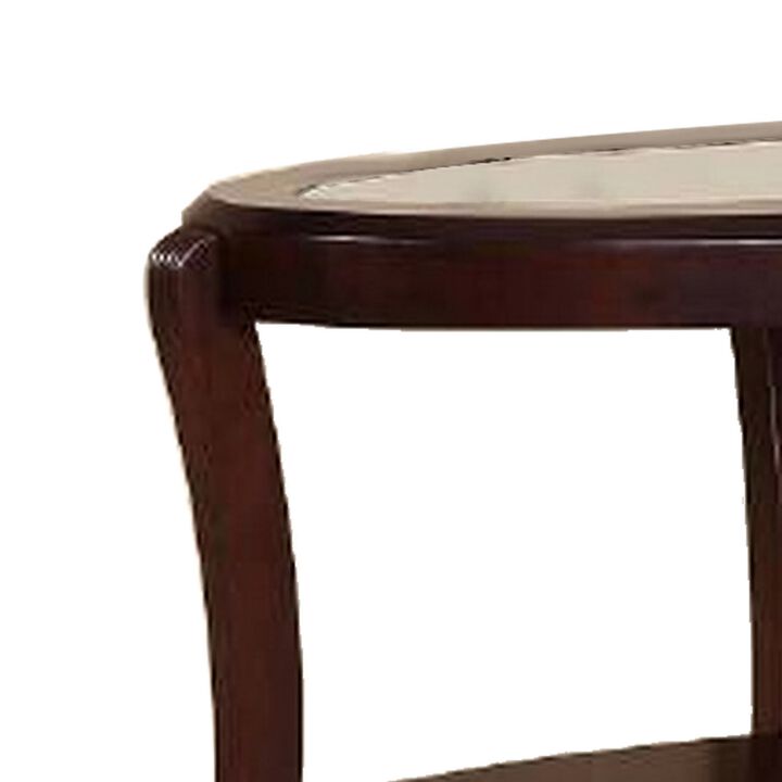 Lyn 51 Inch Console Table with Oval Glass Top and Lower Shelf, Brown Wood