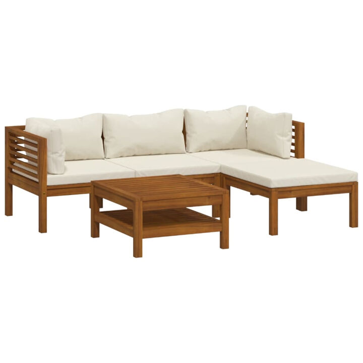 Luna 5pc Modular Outdoor L Sofa and Acacia Wood Coffee Table, Cream - Benzara