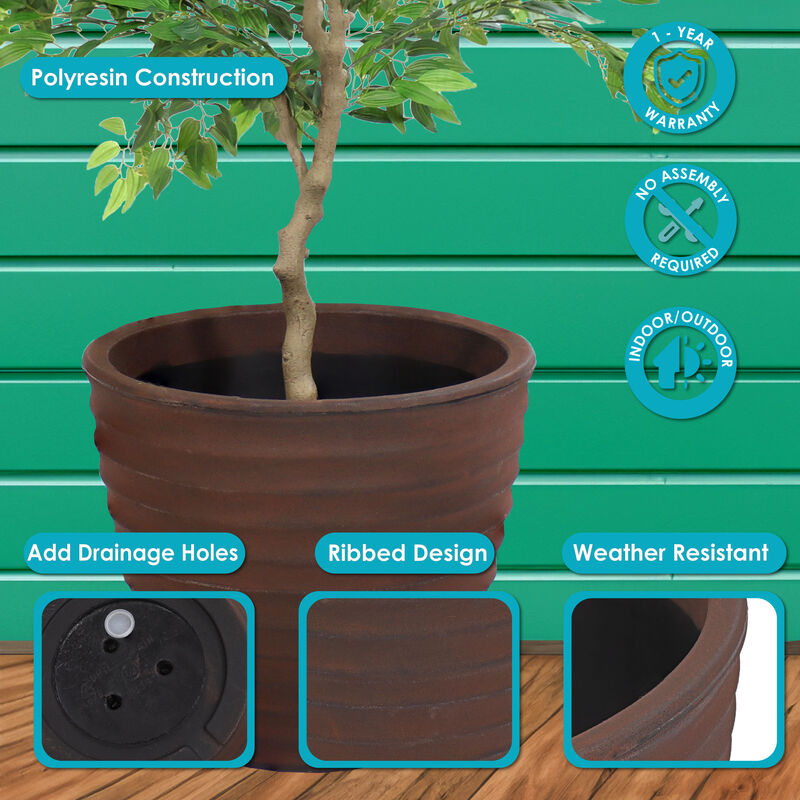 Sunnydaze 16 in Ribbed Polyresin Outdoor Planter - Rust - Set of 2