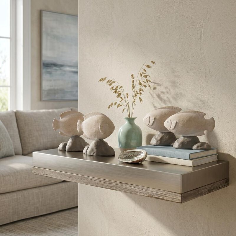 HomeRoots Set of Four Beige And Gray Polyresin Fish Figurines image number 1