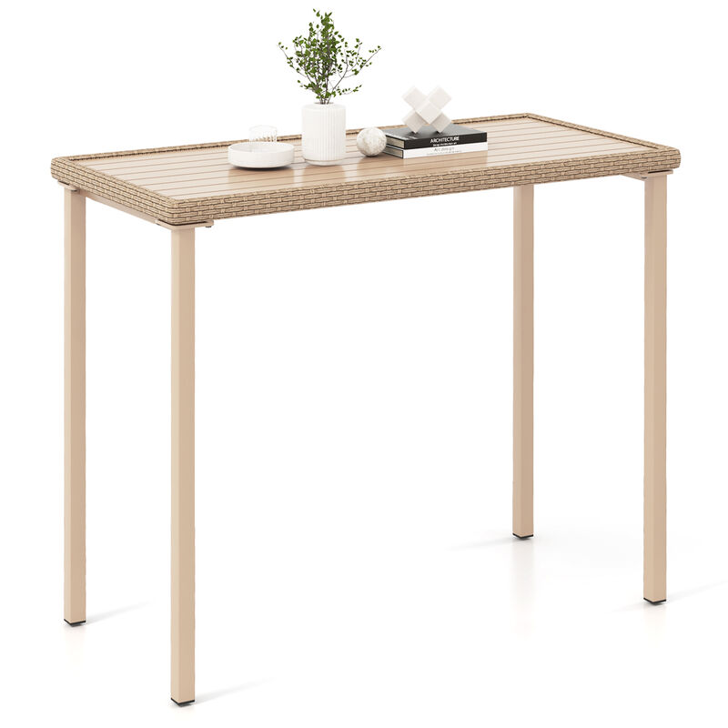 Modern Outdoor Bar Table with Heavy-Duty Steel Frame and Slatted Top