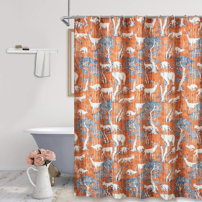 Gin 72 Inch Shower Curtain, Fun Deer and Bears Print, Orange Microfiber-Benzara image number 2