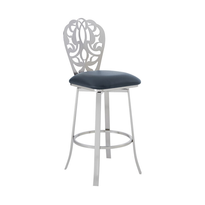 Cherie Contemporary Bar Height Barstool in Brushed Stainless Steel Finish and Gray Faux Leather