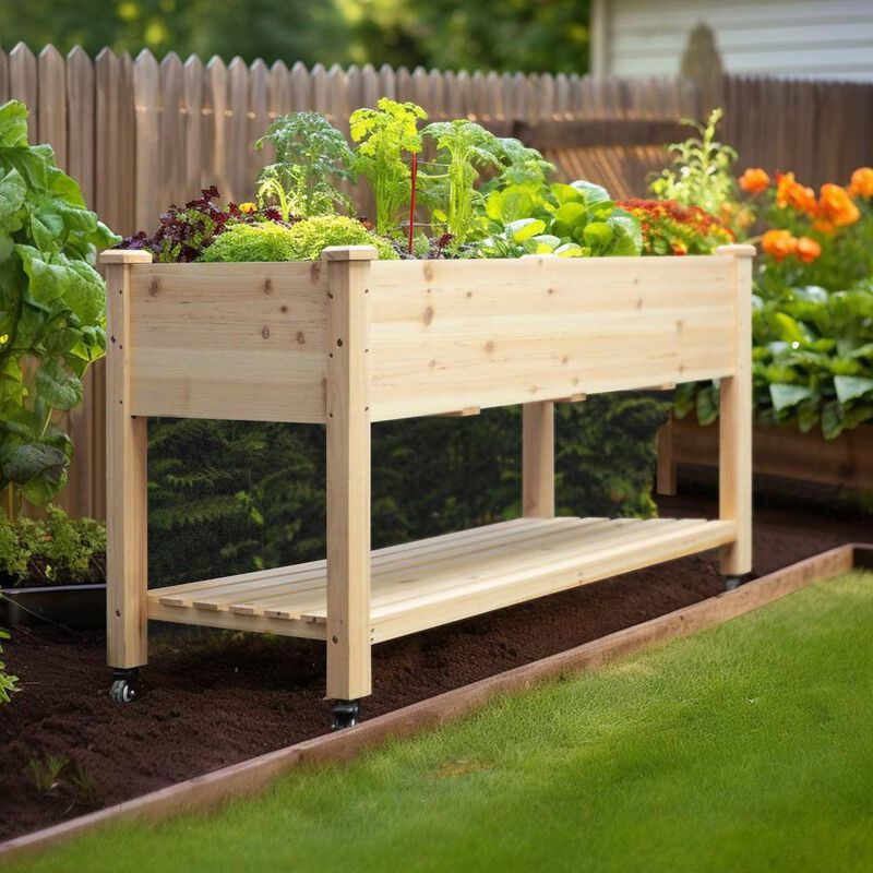 Portable Wood Raised Garden Bed – Outdoor Planter Box Cart with Mobility Wheels