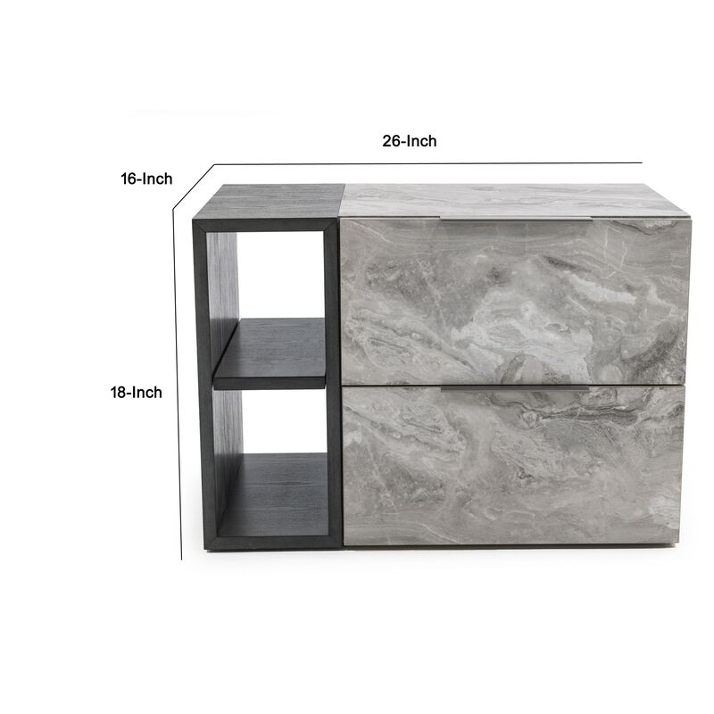 Noe Minn 26 Inch Nightstand, 2 Drawers, Faux Marble Front Panels, Gray - Benzara