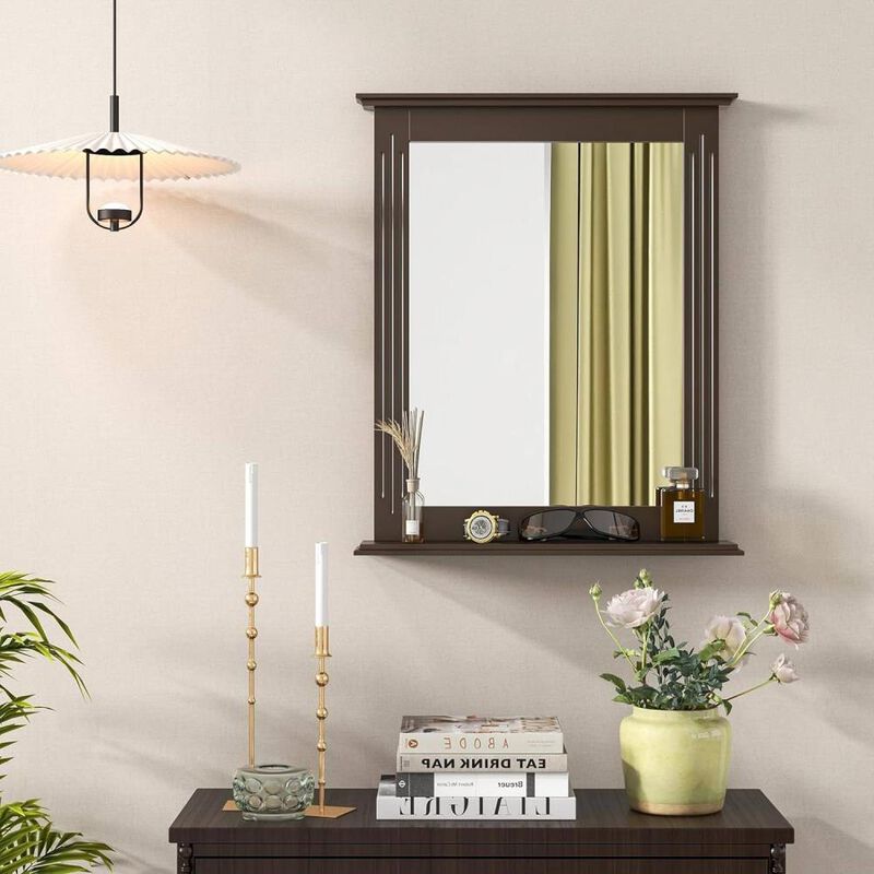 Hivvago 27-in x 22.5-in Bathroom Wall Mirror with Shelf in Dark Brown Wood Finish